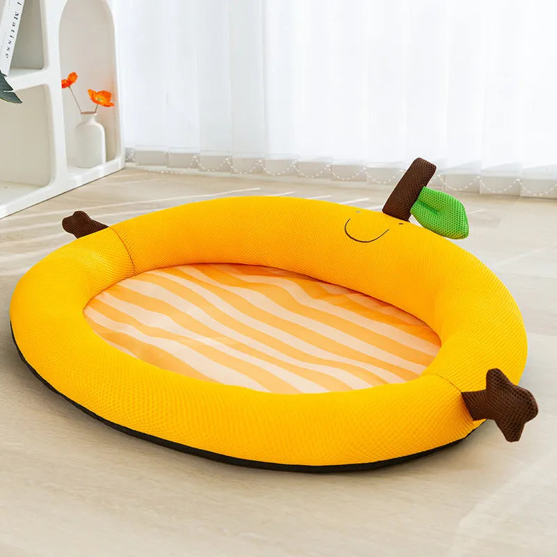 Green fruit-shaped backrest pet cooling mat for a dog, showing nest design and size scale.