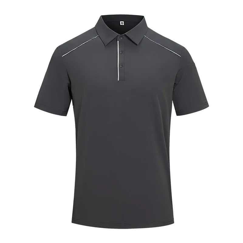 Man wearing a solid colour quick-dry polo shirt with short sleeves and a side slit detail.