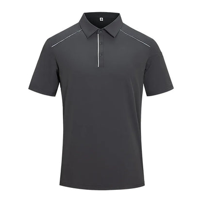 Man wearing a solid colour quick-dry polo shirt with short sleeves and a side slit detail.