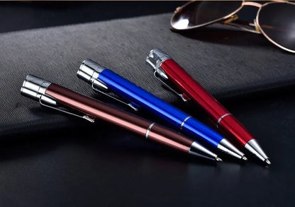 Silver metal pen-style jet lighter with side ignition button and windproof flame.