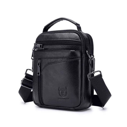 Men's black genuine leather shoulder messenger bag with retro styling
