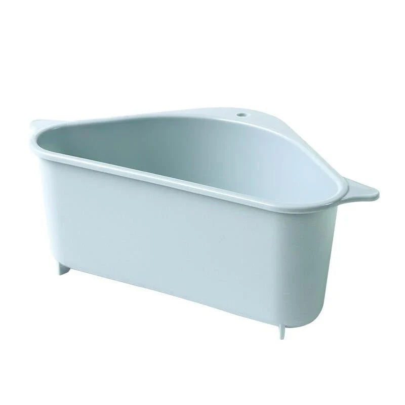 Multifunctional dish drying rack with raised edges and triangle shape for convenient storage of sponges, scrubbers, and soap in kitchen sinks