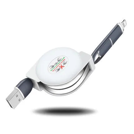 Black telescopic 3-in-1 charging cable extended to full 120cm length, showing three connector tips.