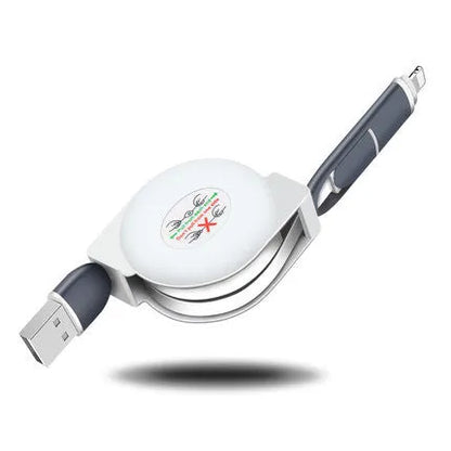 Black telescopic 3-in-1 USB charging cable extended to 120cm with three connectors on a white background.
