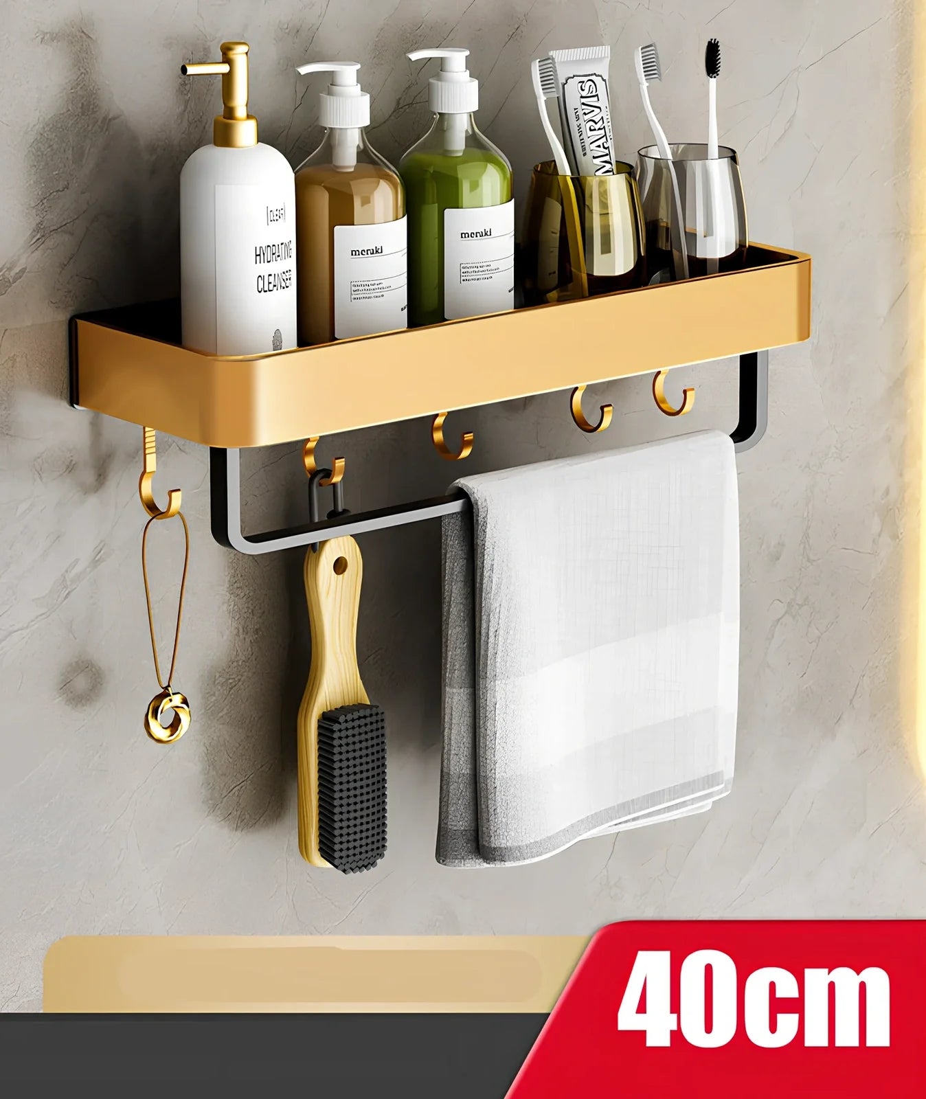 Modern space aluminum perforated towel storage rack, 40cm length with hook, wall-mounted for bathroom drying