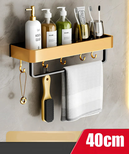 Modern space aluminum perforated towel storage rack, 40cm length with hook, wall-mounted for bathroom drying