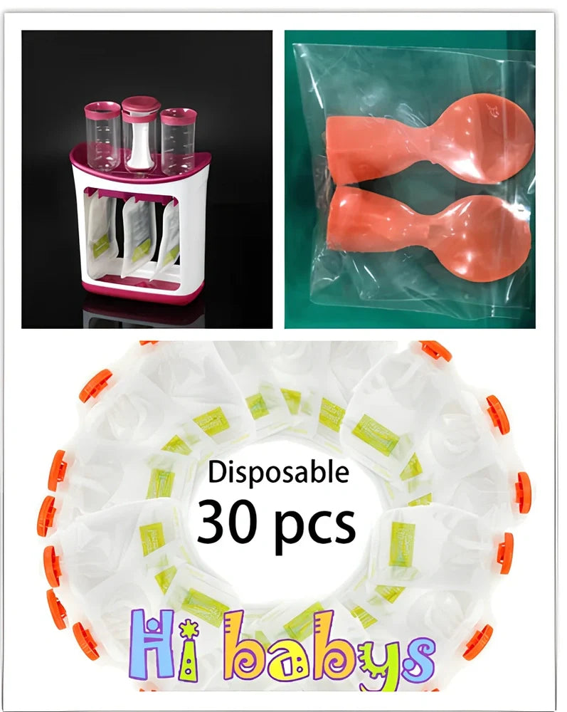 Baby food squeeze station pressing puree into 4-ounce pouch with ABS construction measuring 18x9x22cm