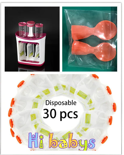 Baby food squeeze station pressing puree into 4-ounce pouch with ABS construction measuring 18x9x22cm