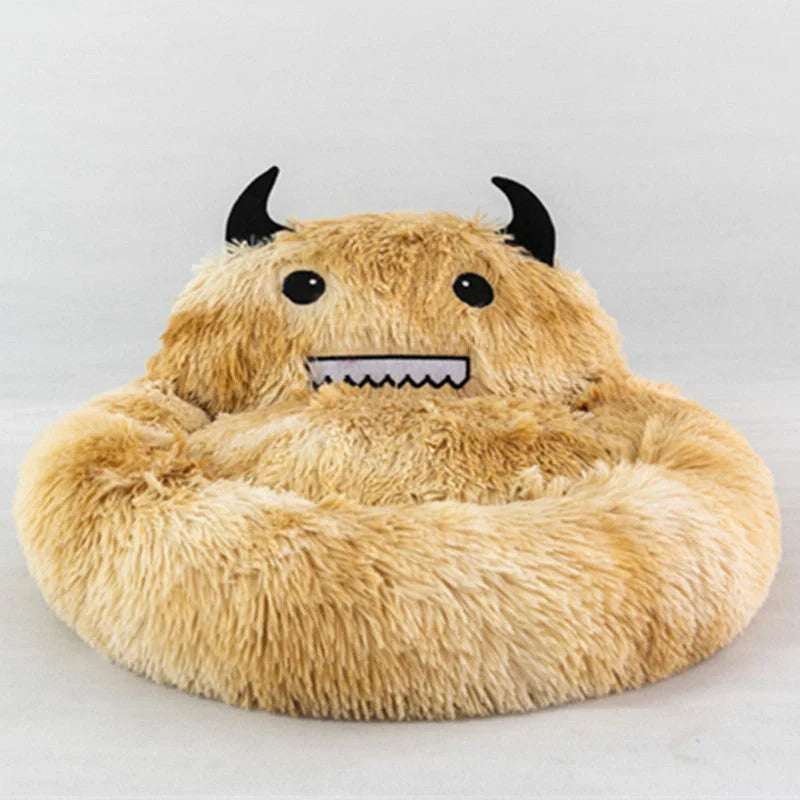 Round plush cat bed with animal embroidery in dark blue, perfect for winter warmth