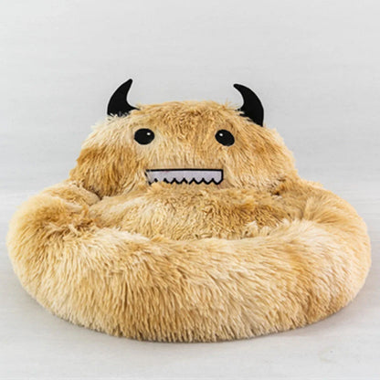 Round plush cat bed with animal embroidery in dark blue, perfect for winter warmth