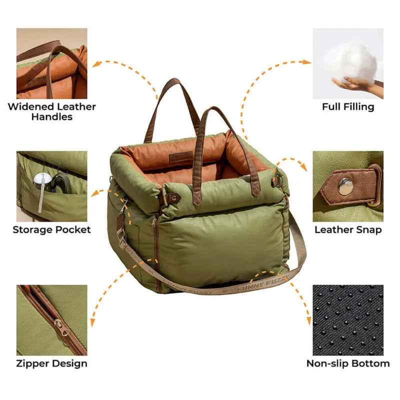 Pet car nest with a removable, washable cover, made from waterproof PU material, measuring 55 cm by 50 cm by 45 cm, a universal four-season accessory designed for dogs, available in black, dark blue, grey, and green.