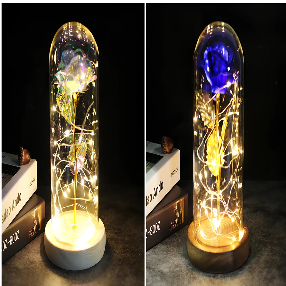 Little Prince rose arrangement under 20x9cm glass dome with gold foil flowers