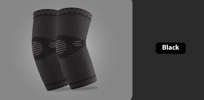 Knitted nylon elbow guard in black blue, black grey or skin colour, sizes S M L XL, single sports elbow pad