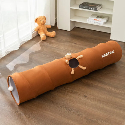 Foldable straight cat tunnel toy in polyester taffeta, brown bear or grey, 0.8m or 1.2m