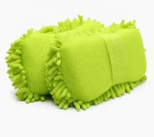Silver green microfiber chenille car wash sponge block measuring 14cm by 25cm.