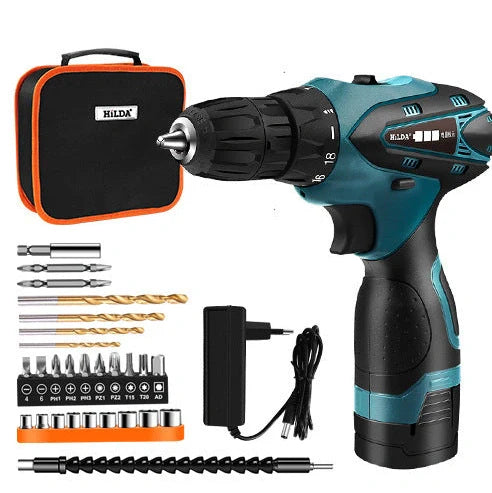 16.8V lithium electric drill with pistol grip showing variable speed trigger and chuck mechanism