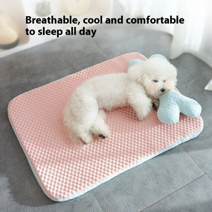 Cooling pet mat for small to medium dogs and cats with non-slip base and fun animal design
