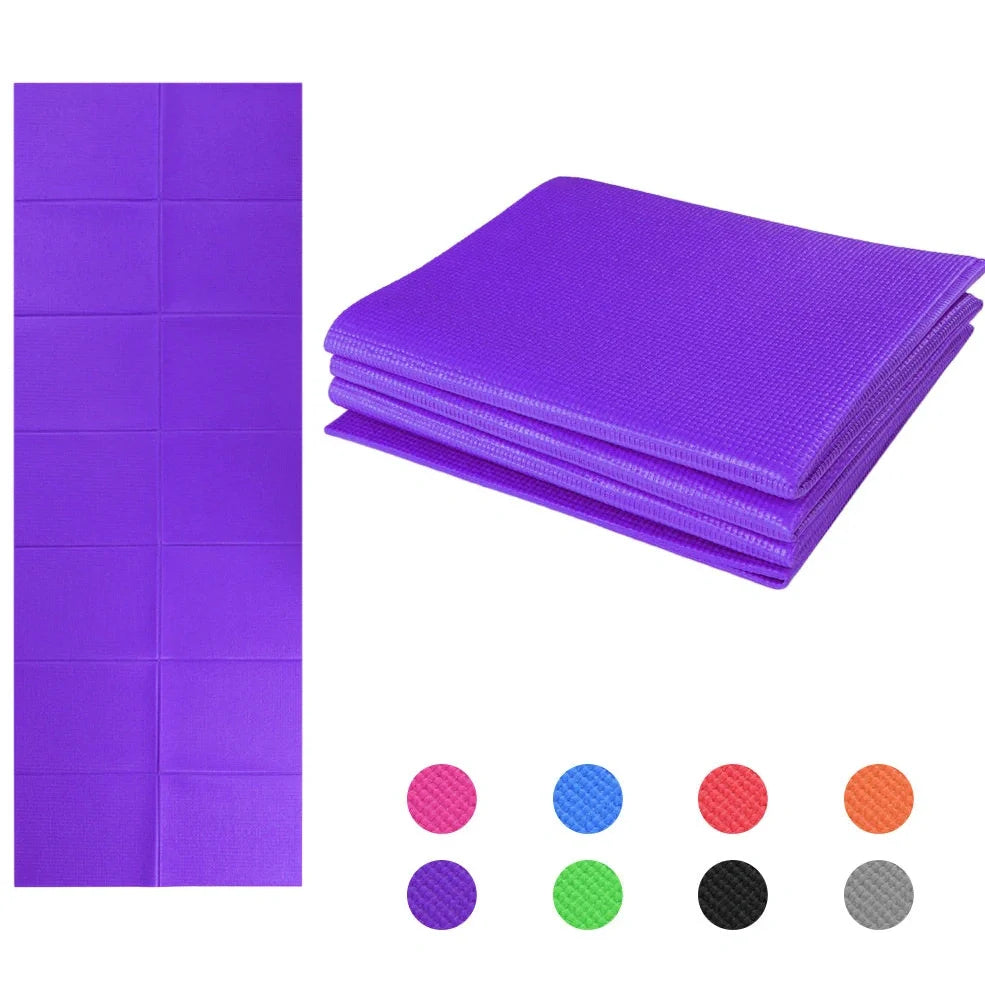 Blue folding yoga mat showing zipper system and handles with 173cm length measurement