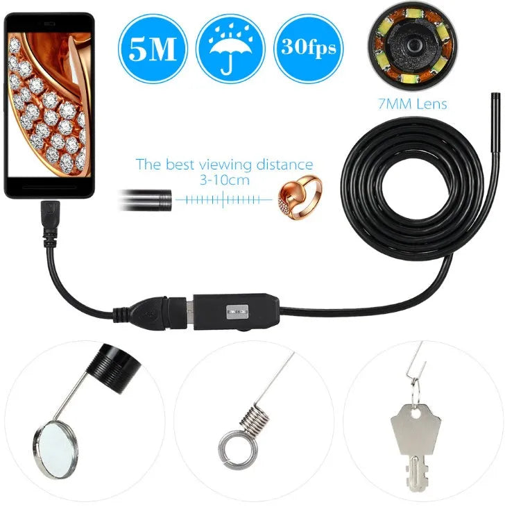 OWSOO USB endoscope camera with 5m cable, hook, magnet and side mirror attachments for inspection