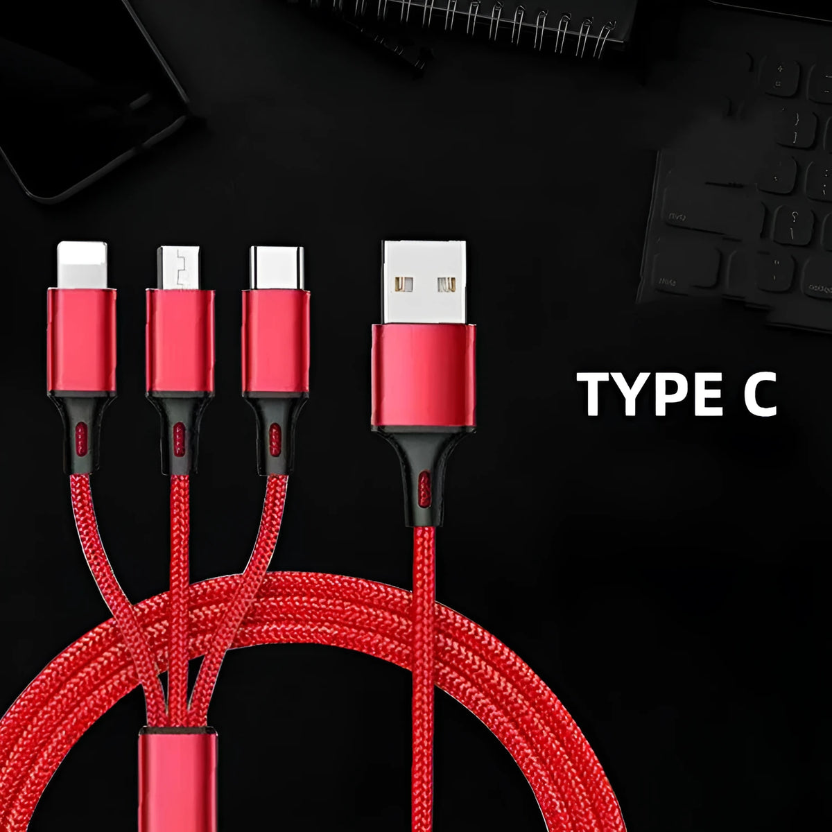 Three-in-one charging cable with nylon braid in red, blue, gold, black, silver, and rose gold colour options.