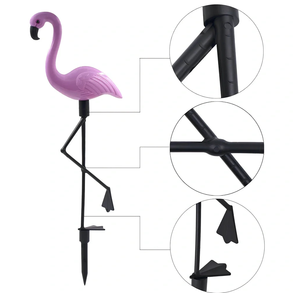 Pink flamingo-shaped solar garden light measuring 52.5cm tall with solar panel top