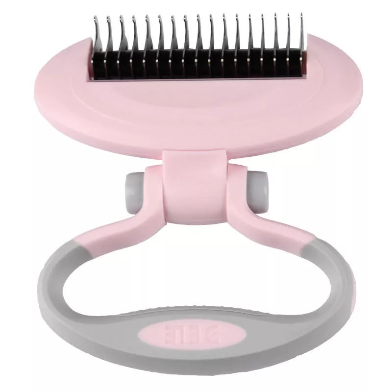 Dual-head dog comb for gentle knot removal in white, blue, and pink
