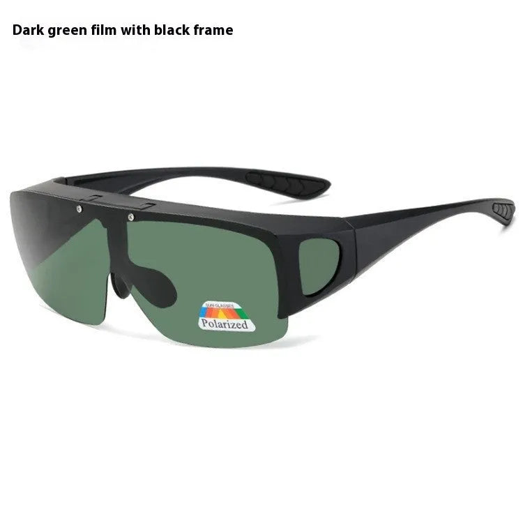 Polarised sunglasses with one-piece myopia lenses in black and grey, suitable for mountain climbing and biking activities.