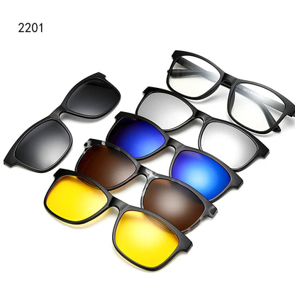 Magnetic sunglasses showing closure system with resin lenses and PC frame in multiple size options