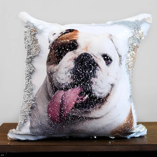 Custom photo sequin cushion cover with 40cm dimensions showing gold and silver luminous design options