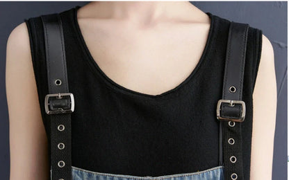 Women's blue denim jean suspenders with adjustable straps, Korean design