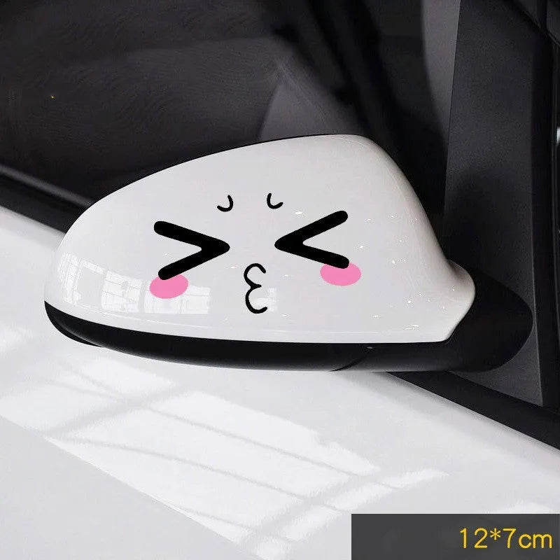 Reflective cartoon car stickers on vehicle rearview mirror in black and white styles