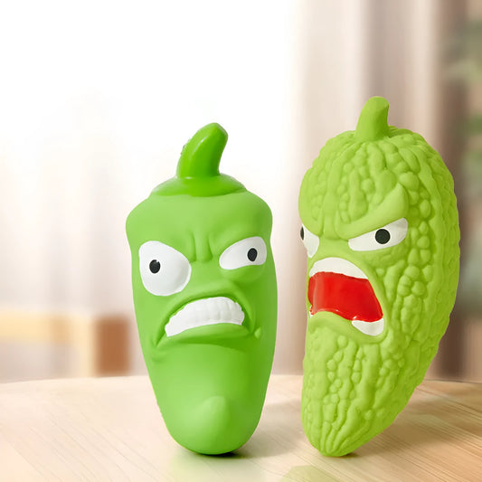 Bitter Gourd and Chili shaped dog toys with bite-resistant surfaces for teeth grinding.