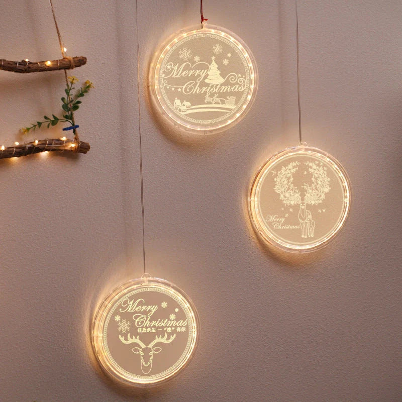 Elegant 3D hanging Christmas lamp with various festive designs, including bells, snowflakes, and Christmas trees.