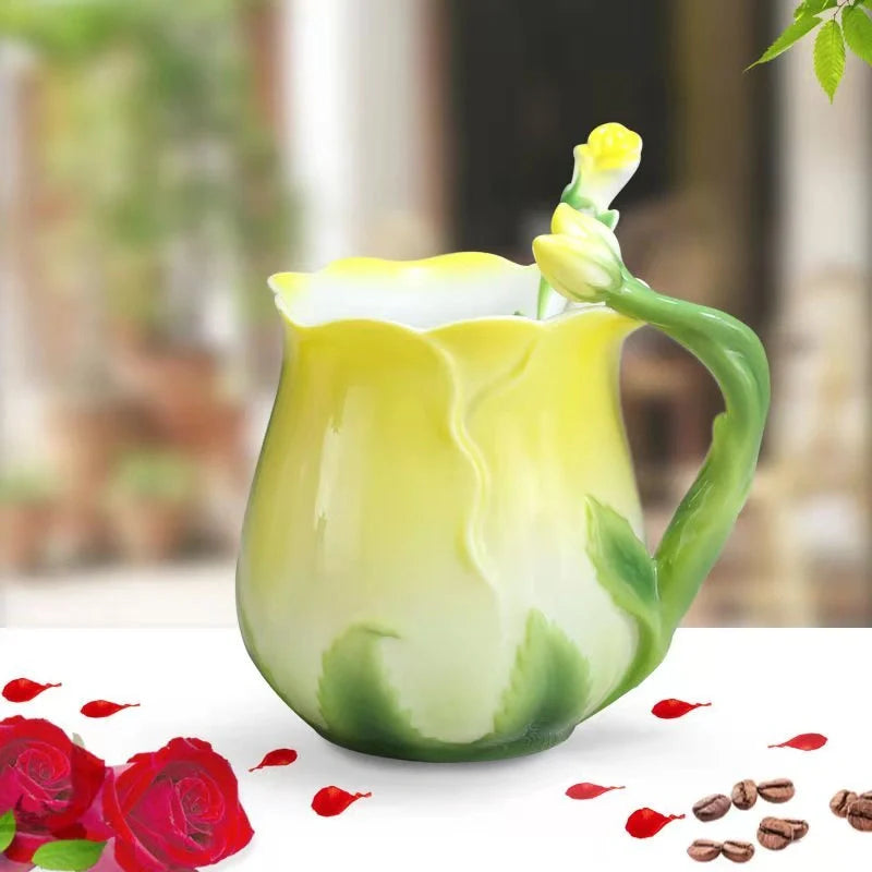 Hand-painted rose ceramic coffee mug with spoon, 320ml capacity, enamel porcelain material
