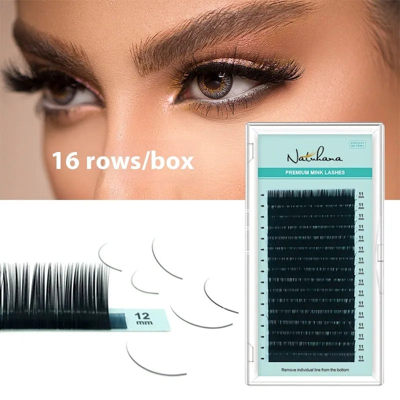 Artificial fibre false eyelashes showing length options from 7mm to 15mm with volume specifications 0.05CC to 0.2CC