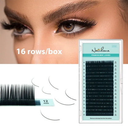 Artificial fibre false eyelashes showing length options from 7mm to 15mm with volume specifications 0.05CC to 0.2CC