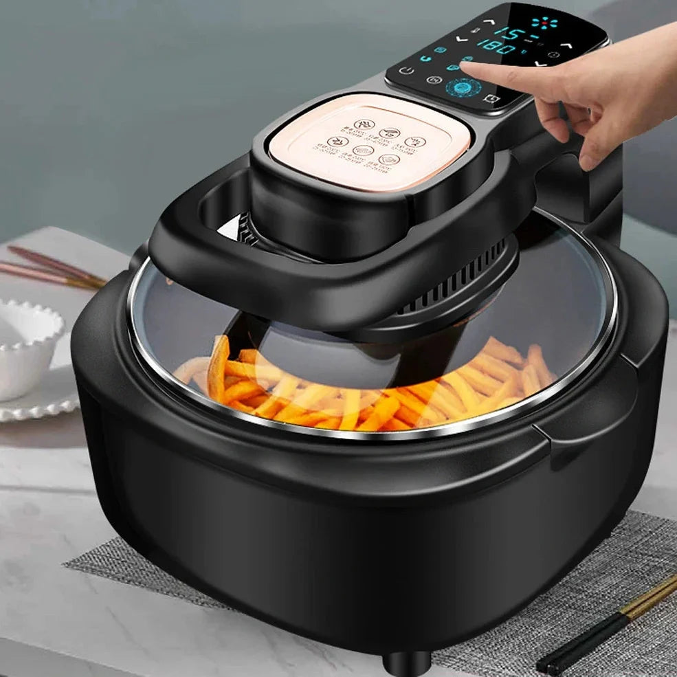 Green air fryer with touch controls measuring 335x325x295mm with 6-litre capacity
