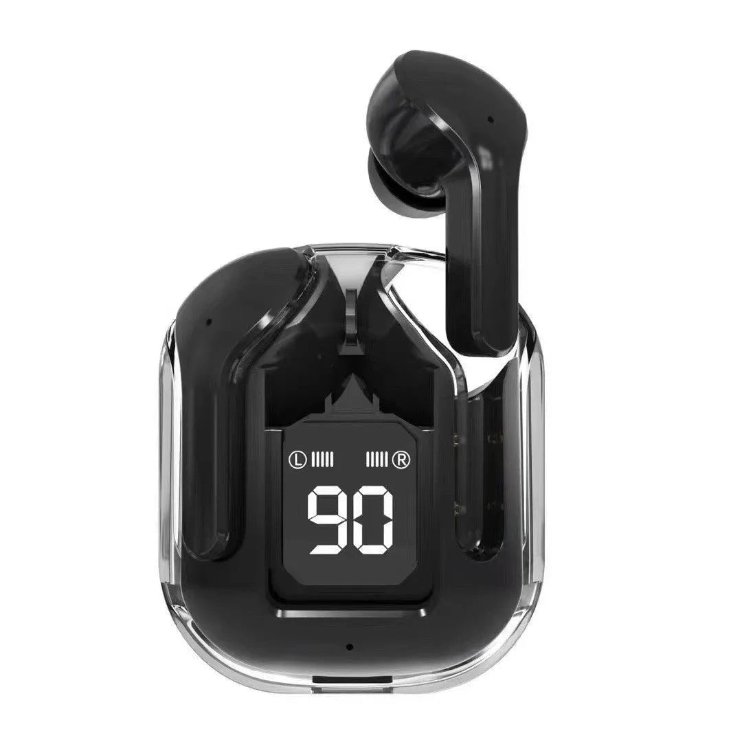 Transparent capsule case containing true wireless Bluetooth earbuds in light blue, showing digital display.
