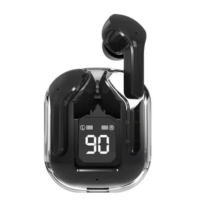 Transparent capsule case containing true wireless Bluetooth earbuds in light blue, showing digital display.