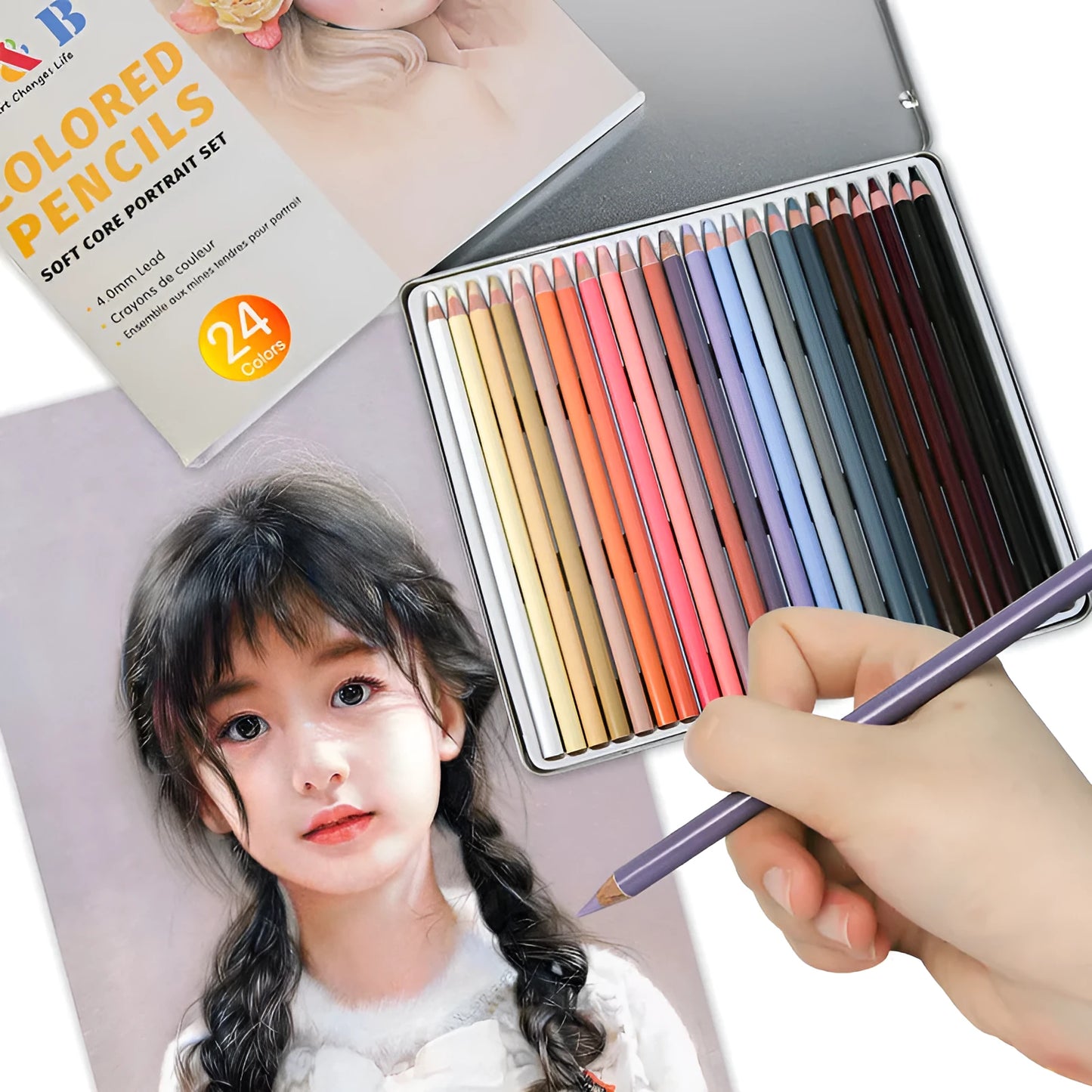 Set of 24 skin tone colour art pencils and HB refills in a round iron box brush pot.