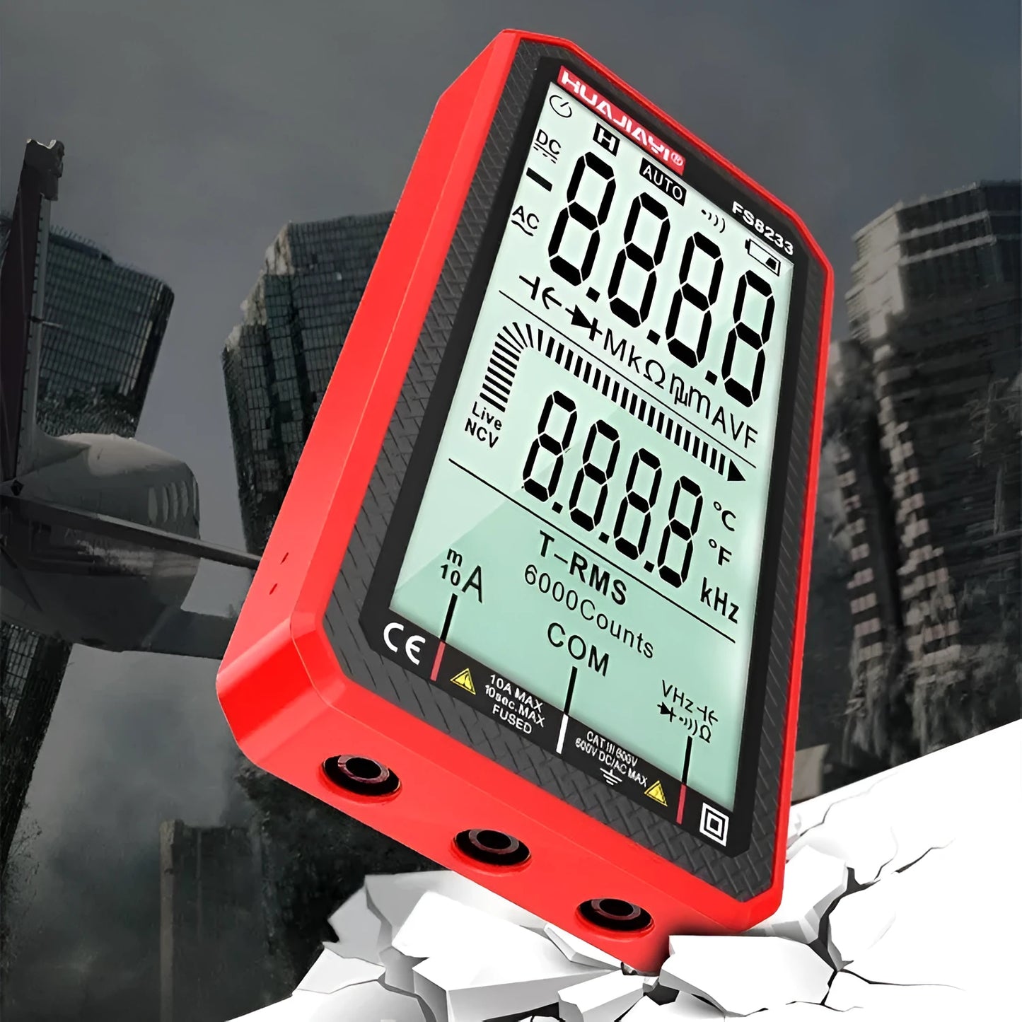 Handheld large screen digital multimeter in black or red, showing dimensions.