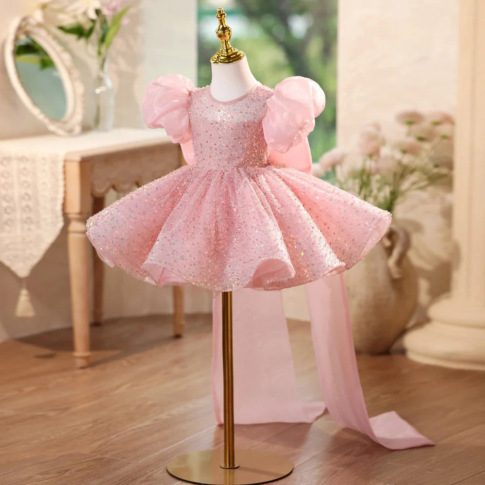 Pink children's sequined formal dress with puff sleeves for flower girl and wedding occasions
