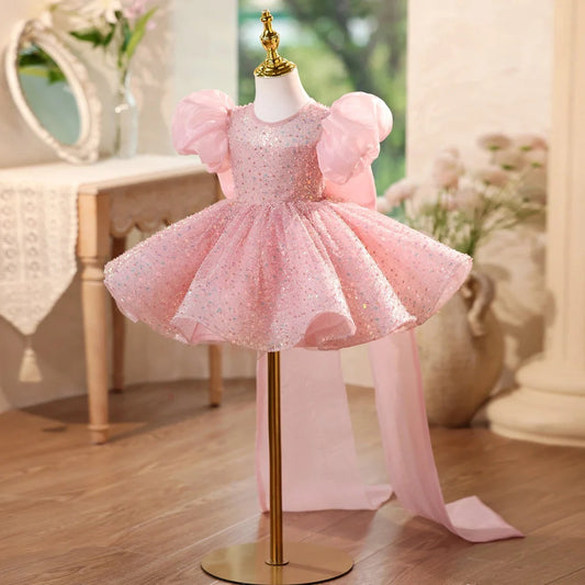Pink children's sequined formal dress with puff sleeves for flower girl and wedding occasions