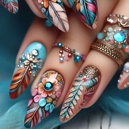 Retro style nail art decals featuring colourful feather armour designs with cartoon, flower, love, butterfly, and cross heart patterns.