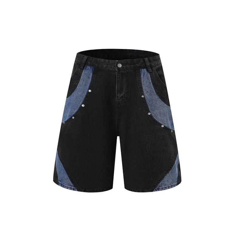 Retro washed denim jeans suit with short sleeves, available in black or blue, sizes M to XXXL, for summer street wear.