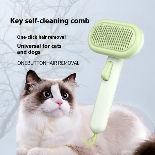 Large one-click pet hair removal and knot untying comb in light grey, showing stainless steel teeth.