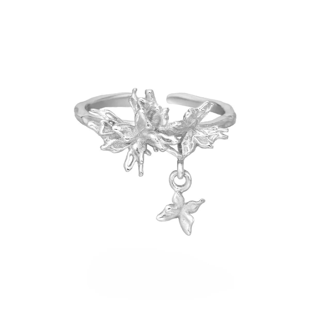 Original design wild butterfly silver ring with adjustable opening, shown in white gold and 18K gold colour options.
