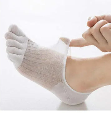 Pair of white five-finger ultra-thin modal boat socks laid flat, showing toe separation and non-slip heel detail.
