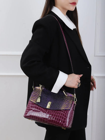 Women's colourful crocodile pattern crossbody handbag with snake print in horizontal square shape
