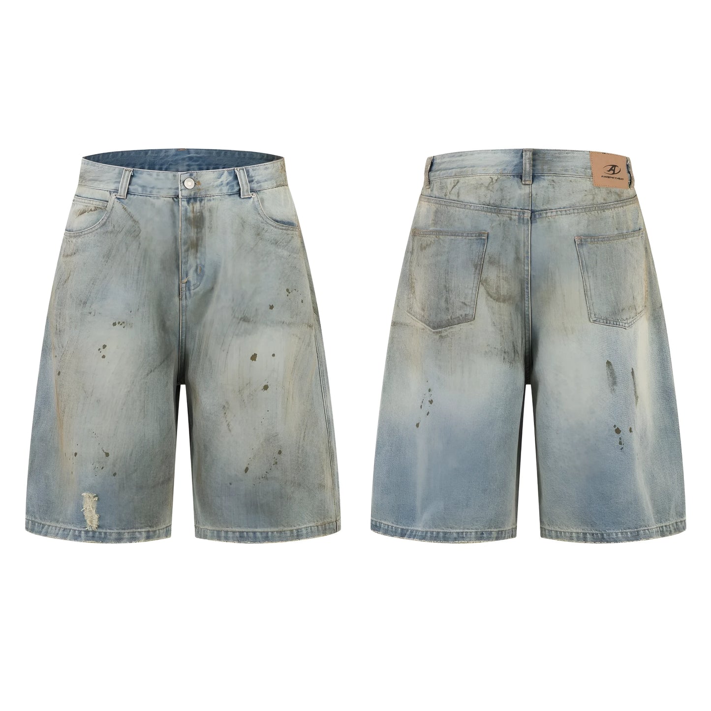 Blue denim cropped middle pants with straight-leg style and zipper fly closure on a street fashion background